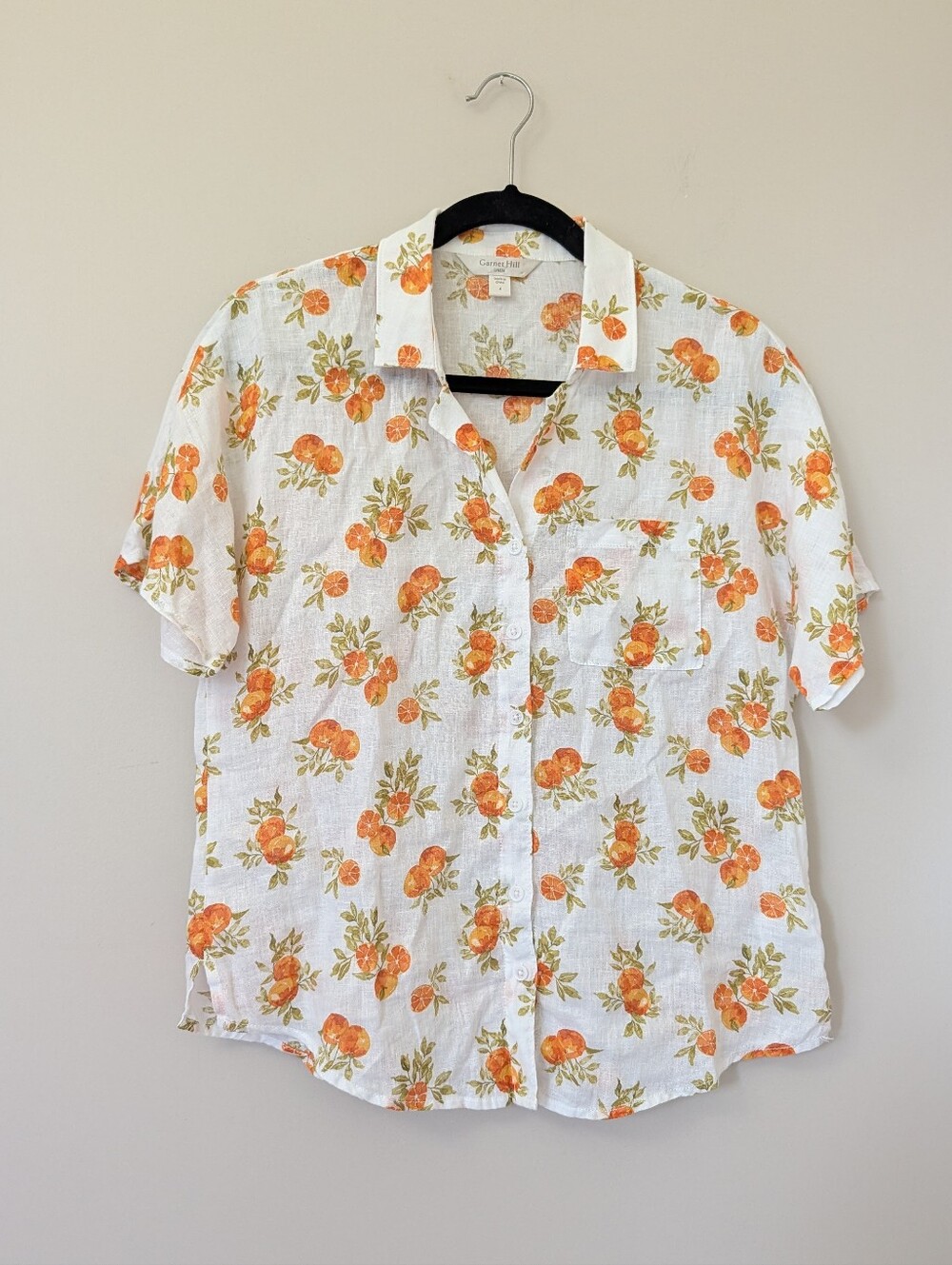 Garnet Hill Flax Linen Orange Print Button Up Top Boxy Fruit